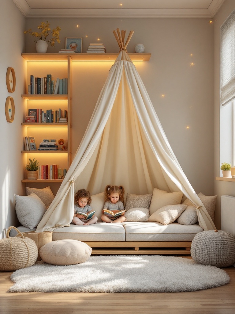 A cozy daycare reading nook with cushions, books on low shelves, warm lighting, and a small tent.