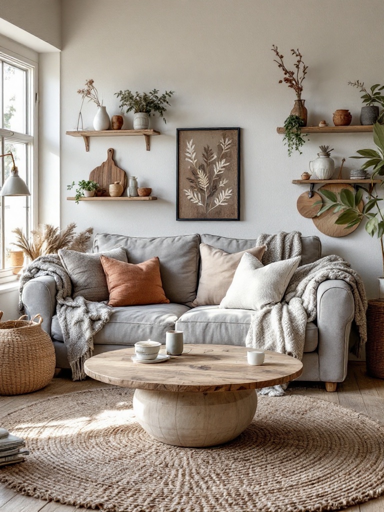 Cozy rustic living room with grey couch, reclaimed wood table, whitewashed shelves, and knitted throws.