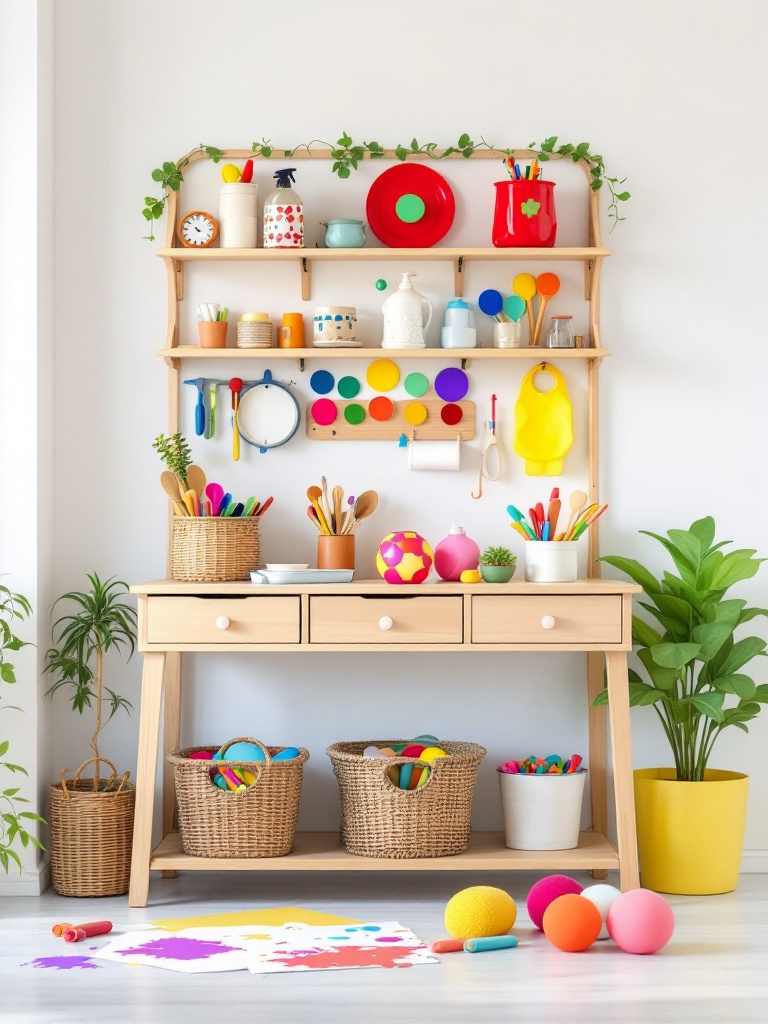 Colorful art station with paper, crayons, paints, and crafting supplies for kids' creative exploration.
