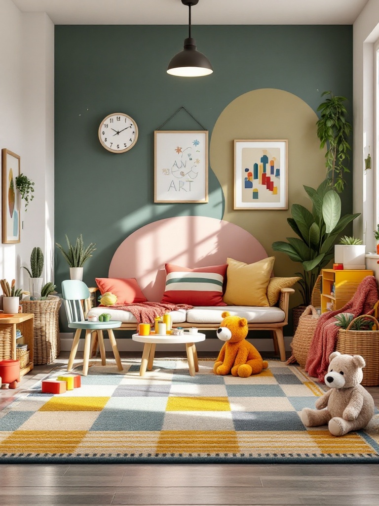 Colorful play area divided into art corner, reading nook, and building block zone using rugs and furniture.