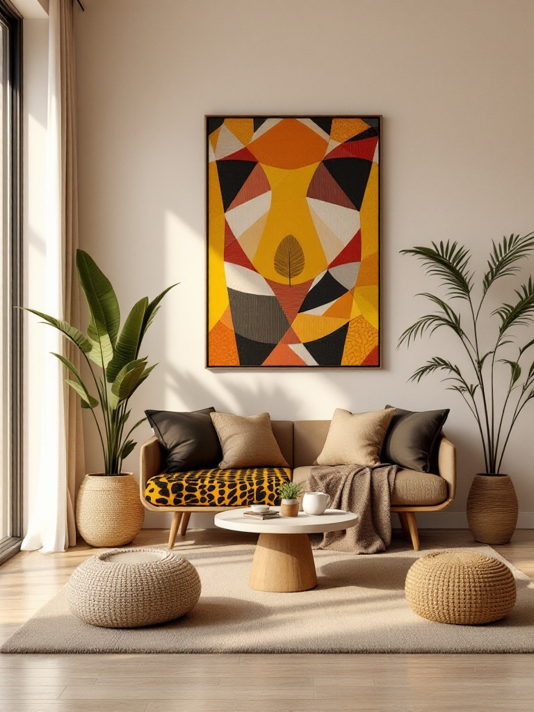 Modern African decor blending colors and patterns from diverse cultures, showcasing rich African influences.