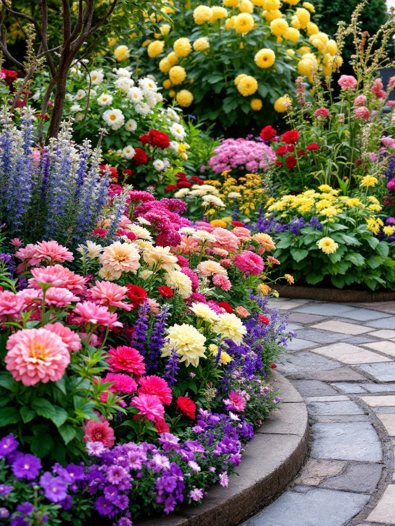 Curved edge flower bed featuring vibrant blooms on edges and voluminous flowers for balance in garden.