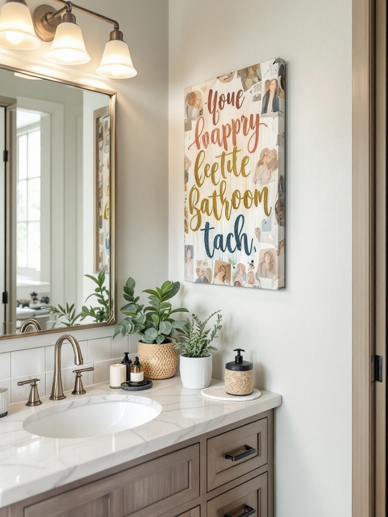 DIY bathroom decor projects like painted canvases, custom soap dispensers, and personal photo art.
