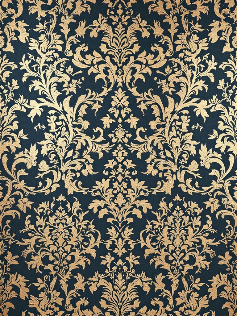 Damask wallpaper with intricate designs adds sophistication to living and dining rooms, featuring bold colors.