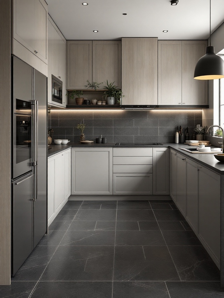 Dark porcelain tiles in a modern kitchen, sleek design contrasting with lighter cabinetry for visual impact.