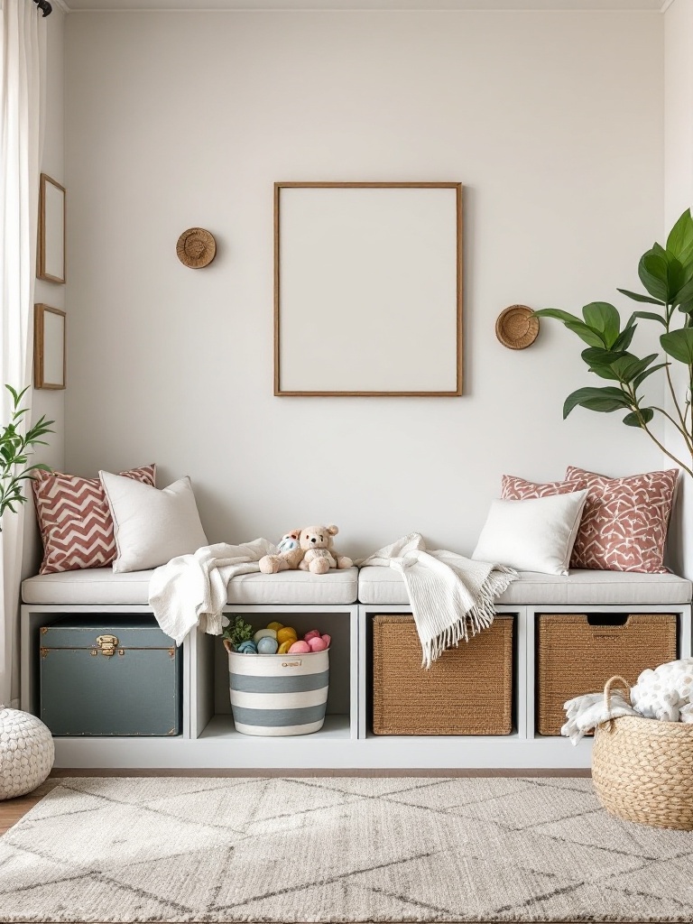 A stylish playroom with decorative storage benches, baskets, and trunks organizing toys and art supplies.