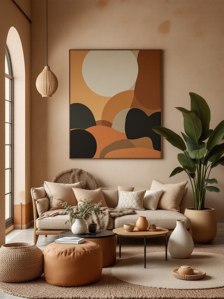 Modern African decor showcasing earthy colors and textures like wood and stone for a tranquil ambiance.