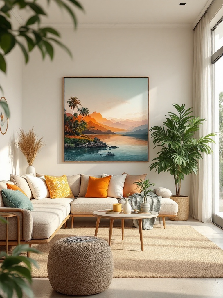 A soothing interior featuring earthy colors, tropical accents, and a blend of modern and natural elements.