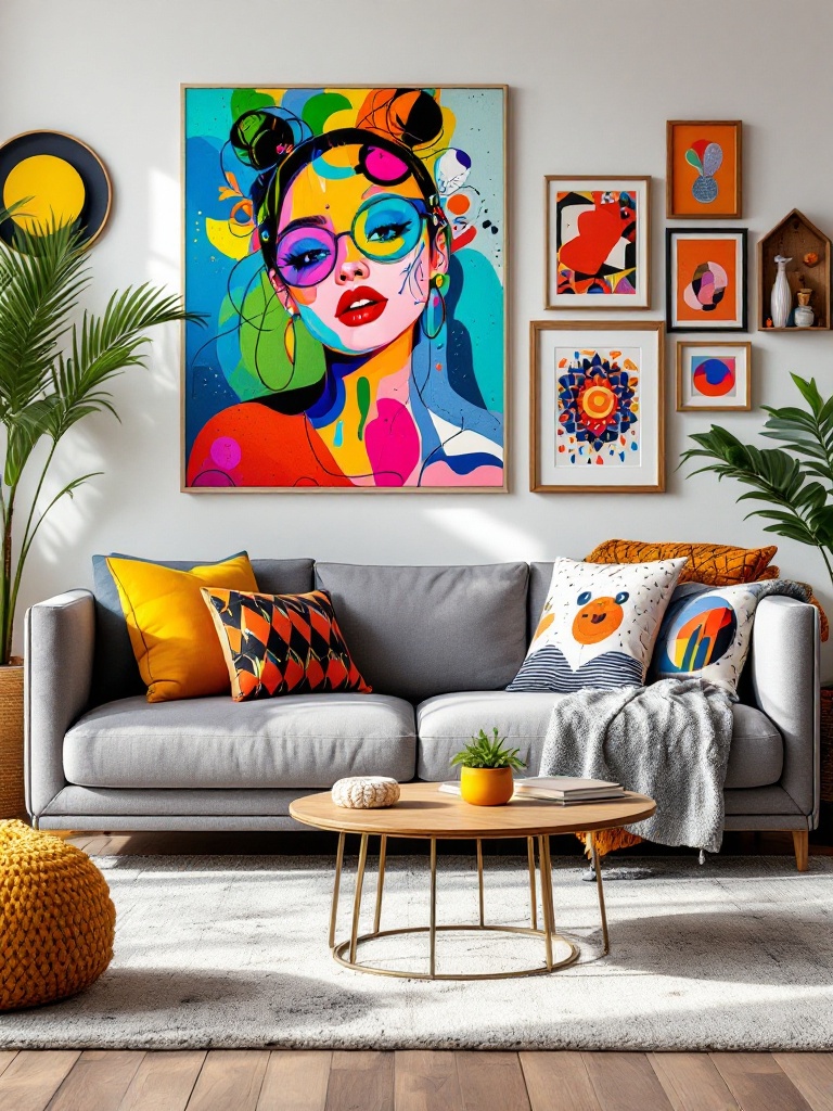 Eclectic living room with a grey couch layered with vibrant cushions, throws, and unique art pieces.