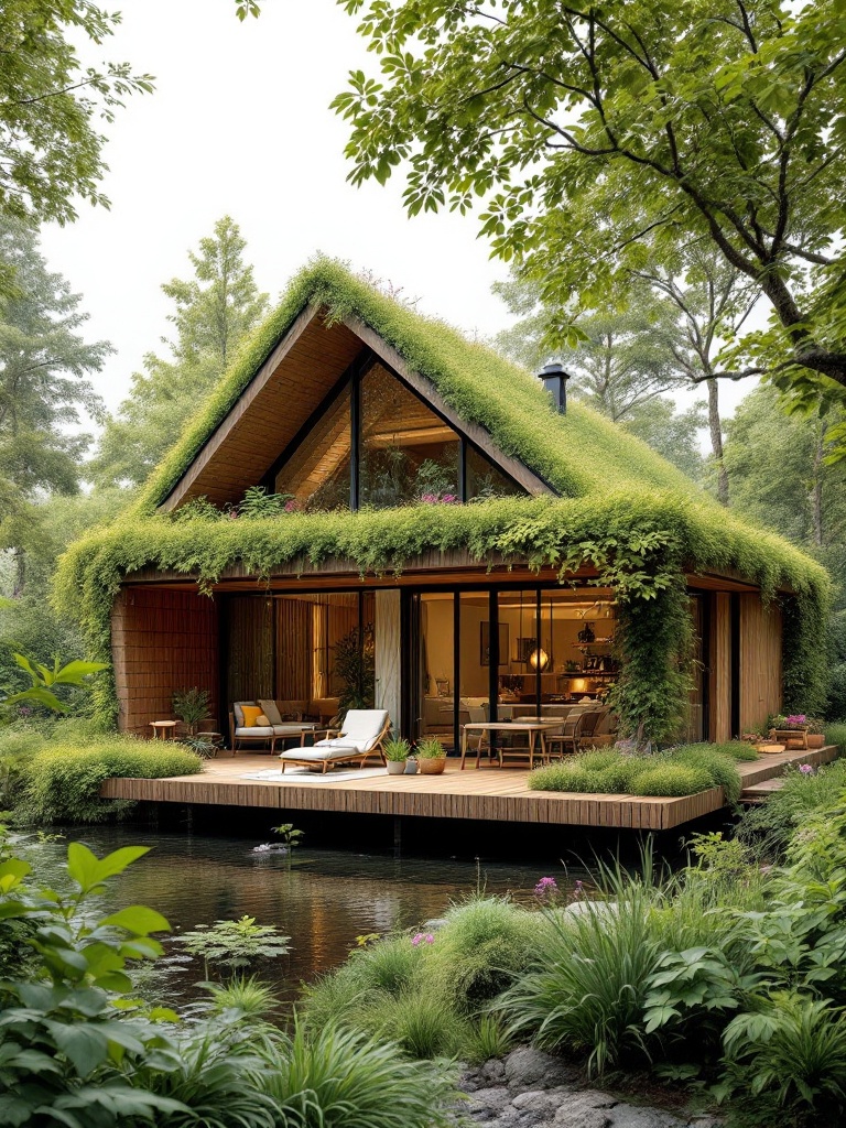 Eco-friendly summer house with solar panels, green roofing, and recycled materials blending with nature.
