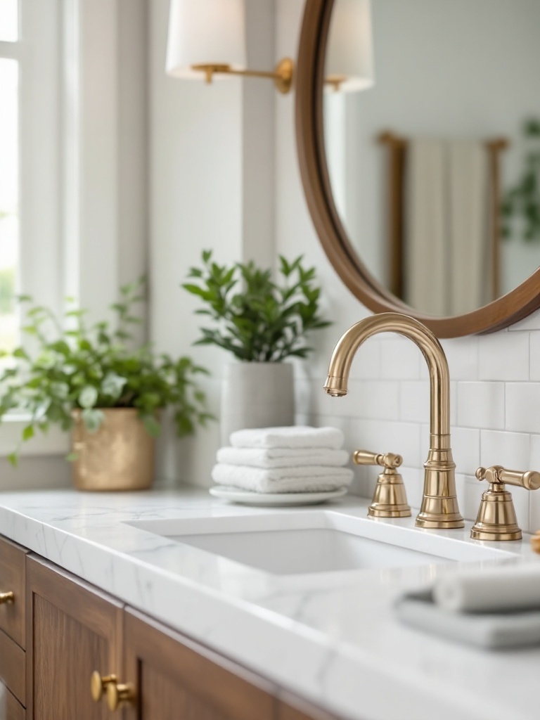 Elegant bathroom fixtures in polished chrome and brushed brass, enhancing a classic preppy theme.