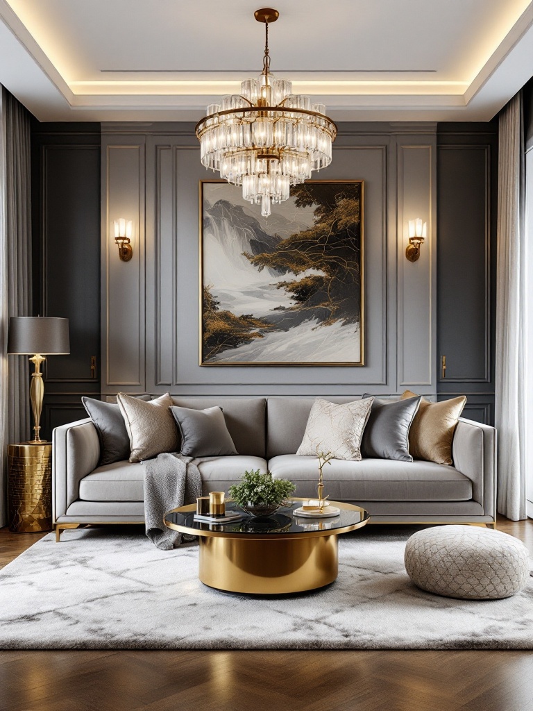 Elegant glam living room with a grey velvet couch, gold decor, plush rug, and a chic chandelier.