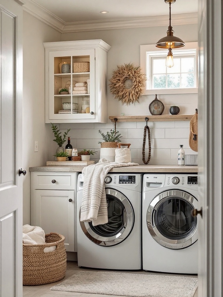 Farmhouse-style laundry room with pendant lights, showcasing warm, inviting lighting and vintage decor.