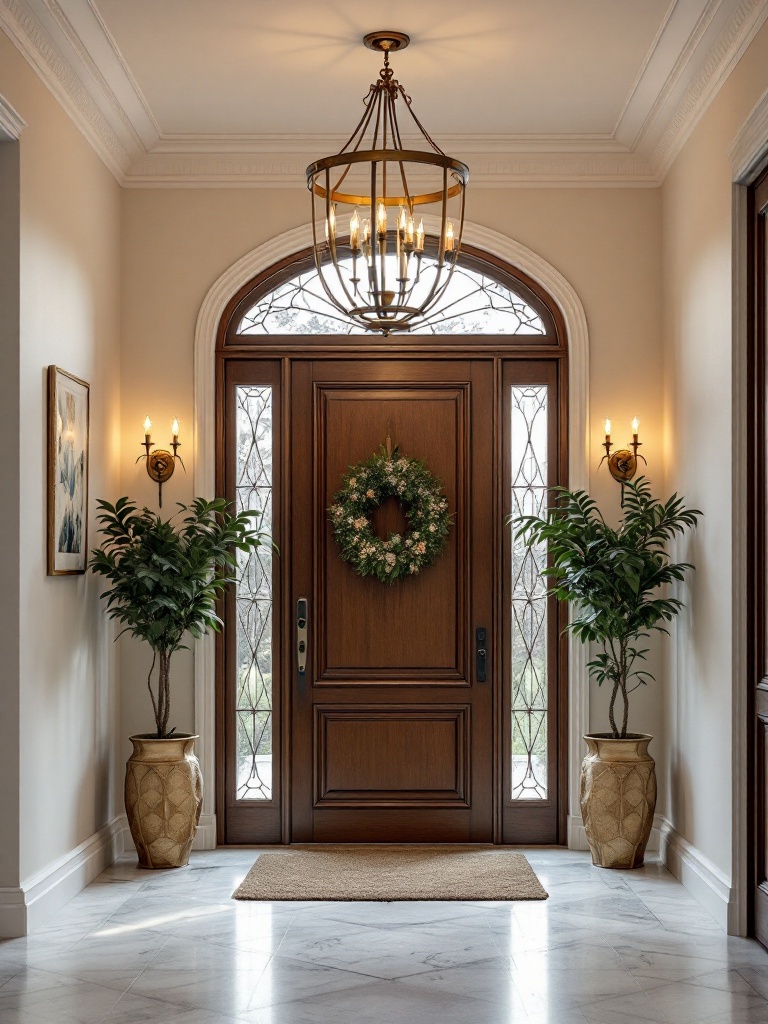 Elegant entrance lighting with a chandelier, pendant lights, and wall sconces for a warm ambiance.