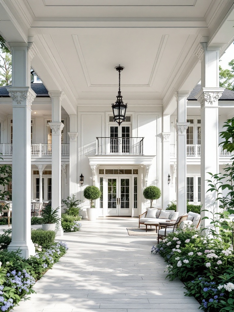 Elegant white farmhouse with intricate moldings, spacious veranda, and beautiful landscaping features.