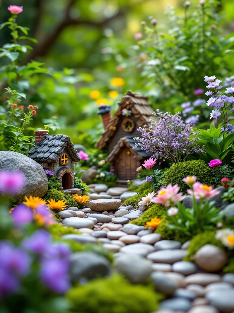 Miniature fairy garden with tiny plants, figurines, and decorations creating a whimsical atmosphere.