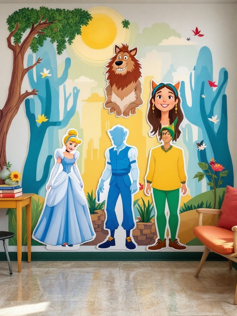 Colorful character cutouts of Cinderella, Peter Pan, and the Big Bad Wolf adorning a classroom wall.