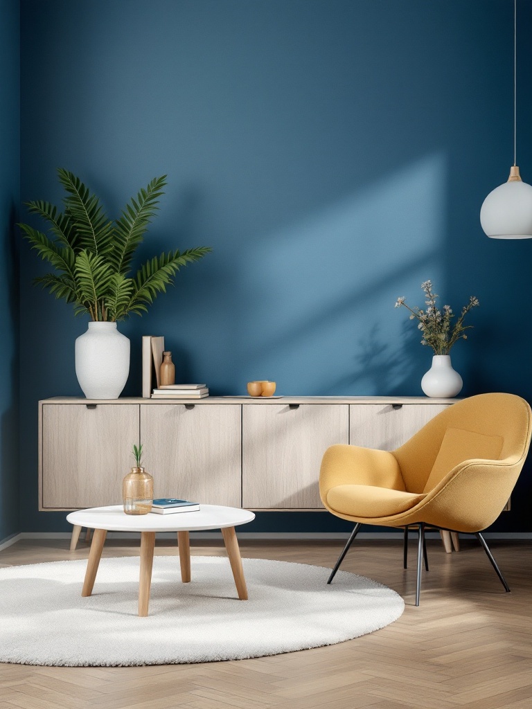 A minimalist living room featuring a bold color feature wall that enhances the decor and adds dimension.