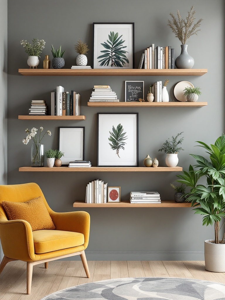 Floating shelves displaying books and collectibles in staggered arrangement for stylish wall decoration.