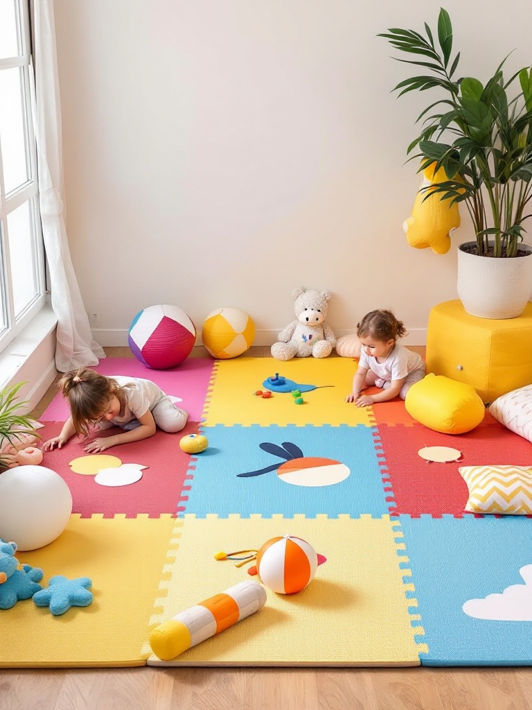 Foldable play mats in a colorful playroom, easily stored away to maintain a tidy space for children.
