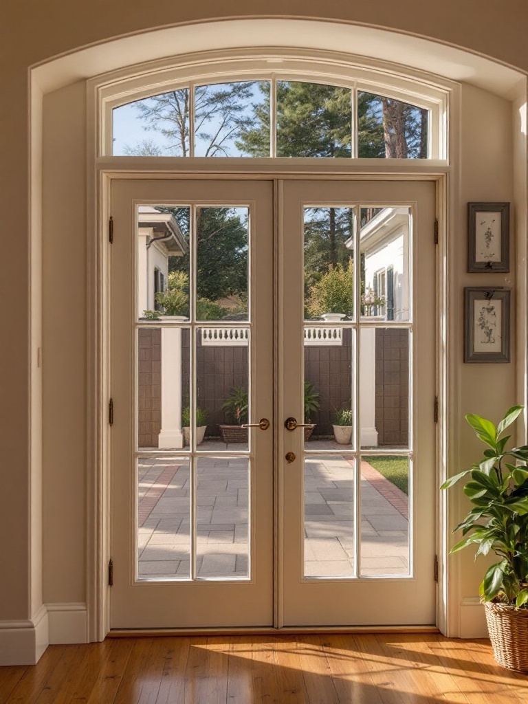 Elegant French doors with transom windows enhancing natural light and spaciousness in a patio setting.