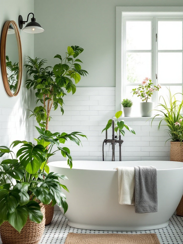 Preppy bathroom with potted ferns and peace lilies enhancing decor and promoting relaxation.