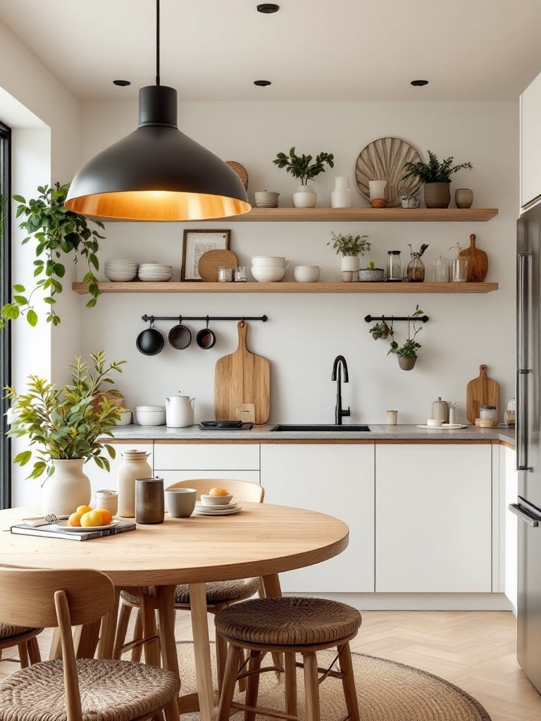 Cozy kitchen with functional stools and round table, inviting conversation and warmth during gatherings.
