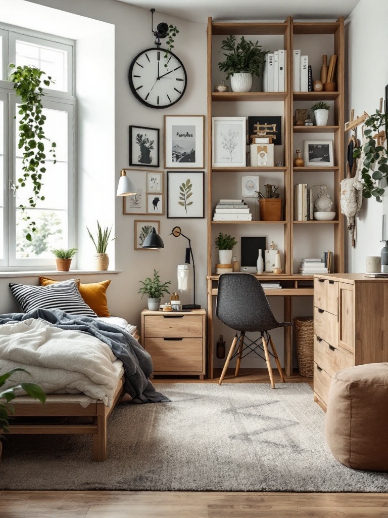 Cozy dorm room with functional furniture, including a bed with drawers and a stylish storage coffee table.