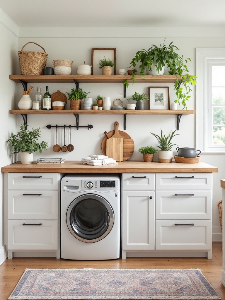A laundry room workspace with a large countertop for folding clothes and decorative items, enhancing charm.