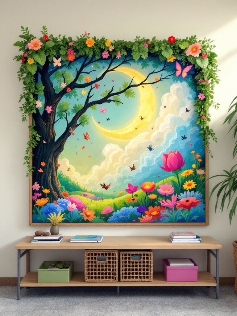 Students' artwork display titled 'Garden of Dreams,' inspired by fairy tales, showcasing creativity and pride.