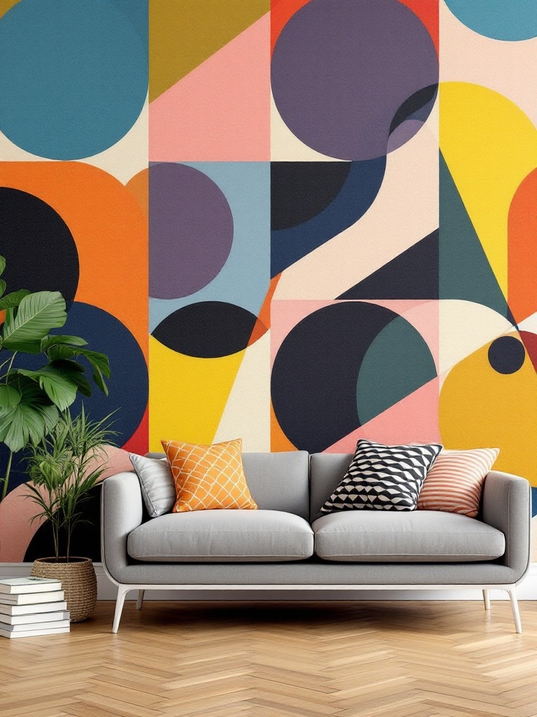 Geometric wallpaper featuring bold shapes and vibrant colors, perfect for adding retro flair to rooms.