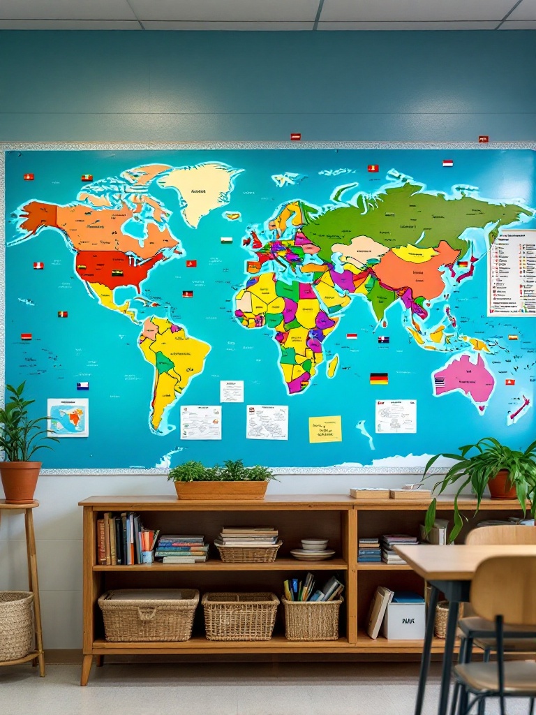 A colorful wall display featuring maps, flags, and images representing global cultures and traditions.