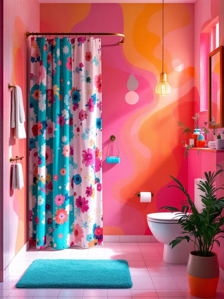 Colorful college bathroom with bright shower curtains, rugs, and accessories for a lively atmosphere.