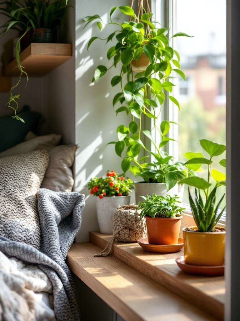 A cozy dorm room with low-maintenance plants like succulents and pothos enhancing the space's warmth.
