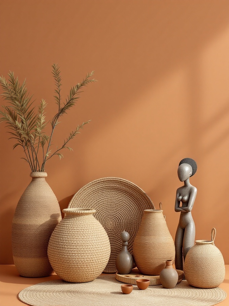 Handmade African crafts like pottery, woven baskets, and sculptures showcasing unique textures and artistry.