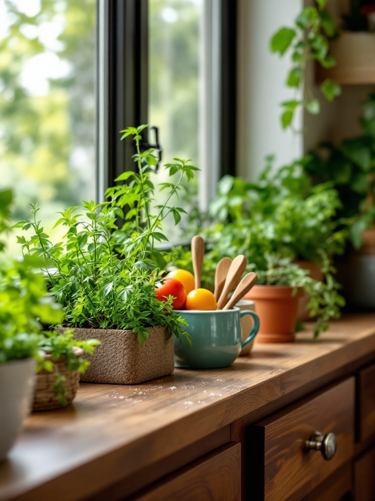 A cozy kitchen with a small herb garden on the windowsill, adding warmth and vibrant green colors.