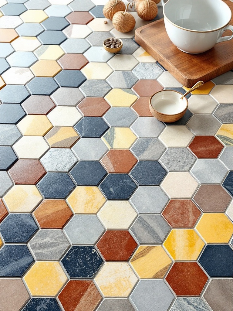Hexagonal tiles showcase unique geometry, adding contemporary or vintage flair to kitchen designs.