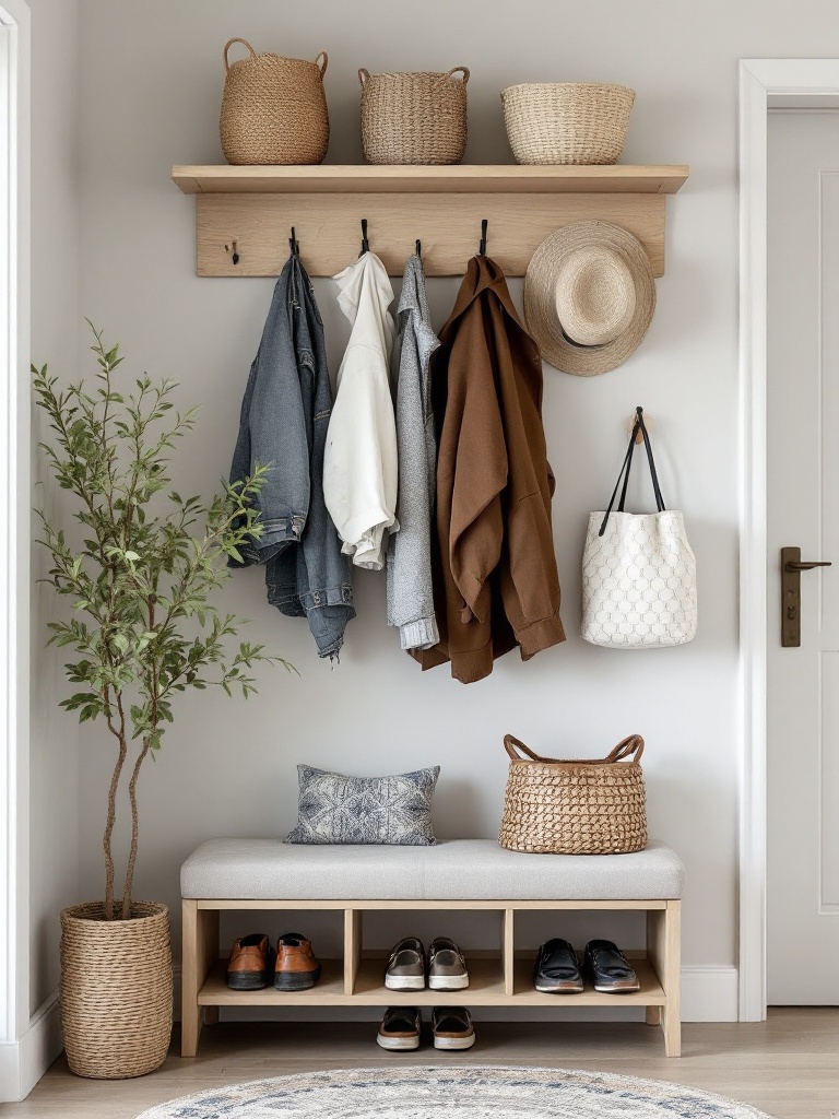 Functional entrance storage solutions like wall hooks, coat racks, shoe racks, and storage benches.
