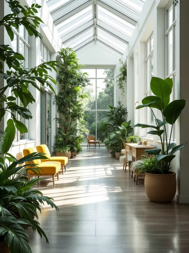 A bright lobby with indoor plants and large windows promoting a calming, eco-friendly atmosphere.