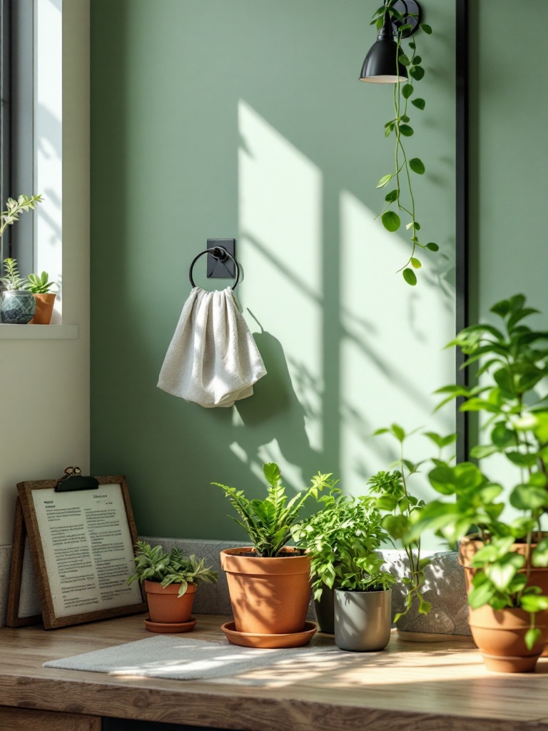 Small potted plants like succulents and ferns in a college bathroom, enhancing decor and air quality.
