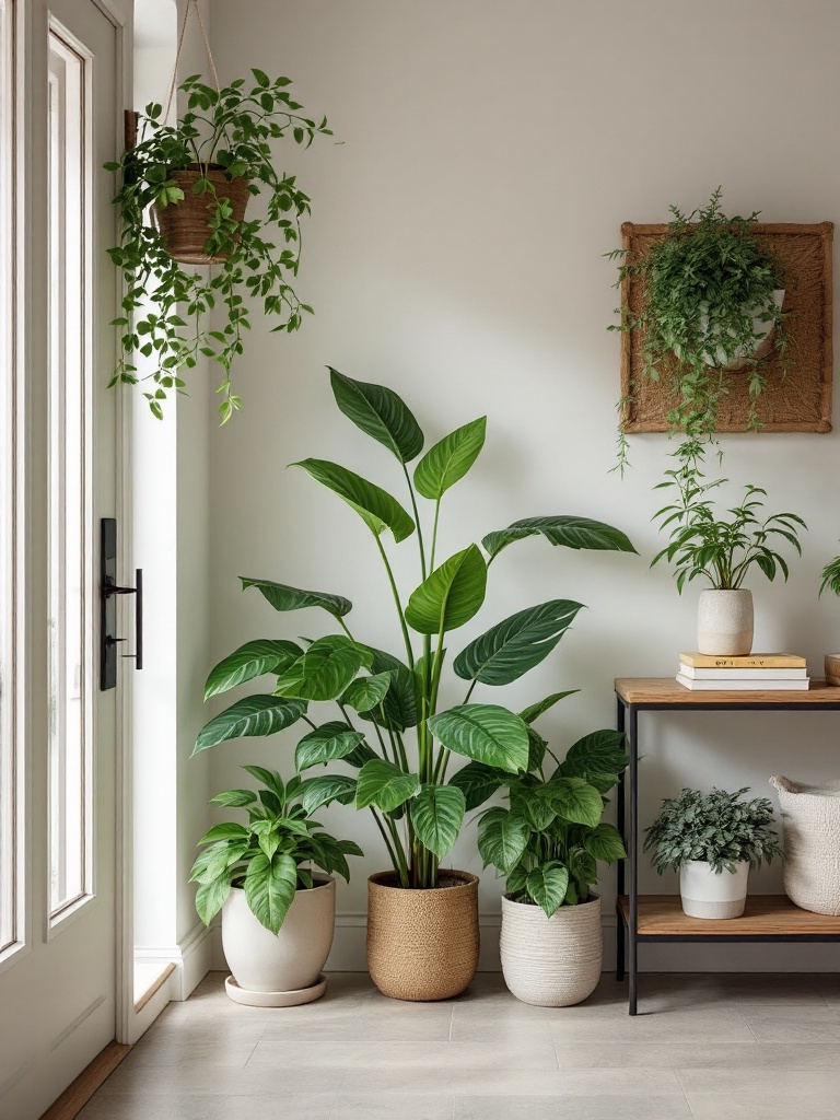 Indoor plants like snake plants and pothos in stylish pots decorate a home entrance with vibrancy.