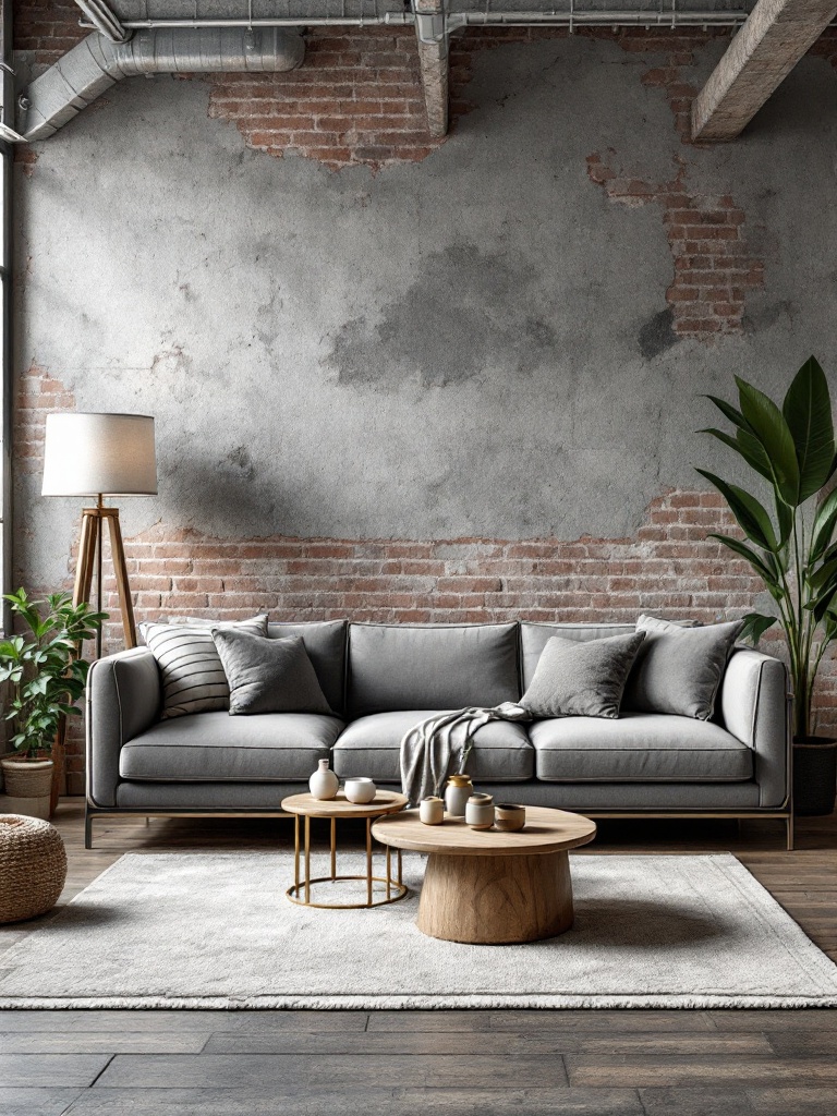 A grey couch in an industrial chic setting with exposed brick, metal accents, and rustic accessories.