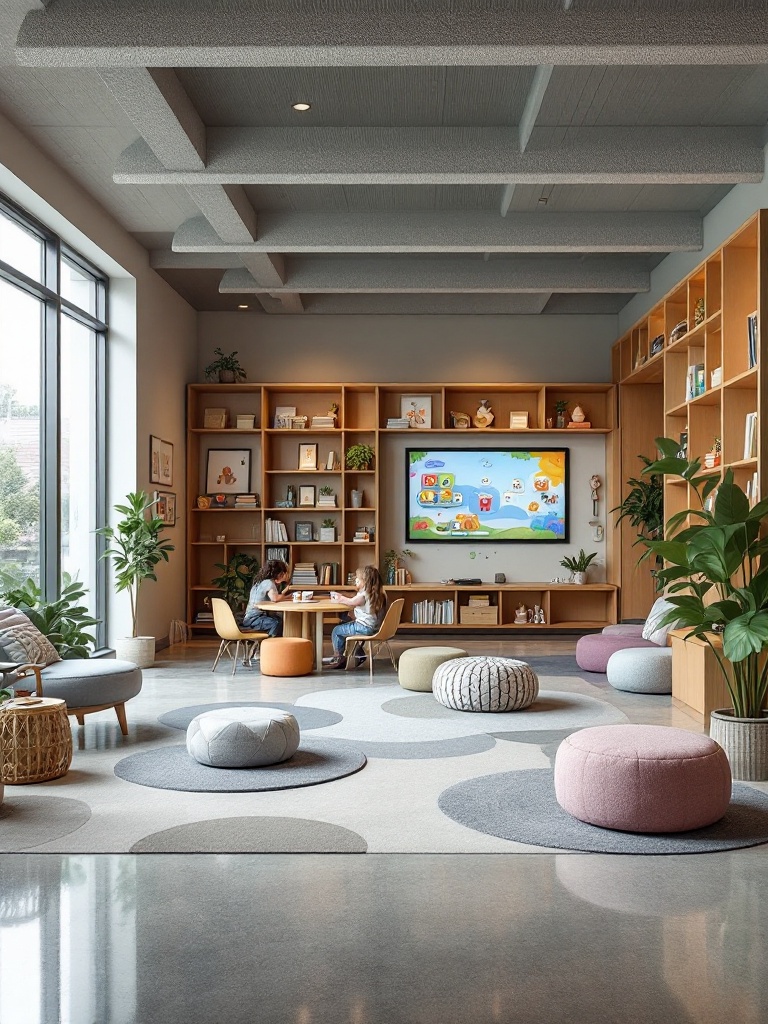 Interactive learning area in a school lobby with reading nooks, touchscreens, and art displays for children.