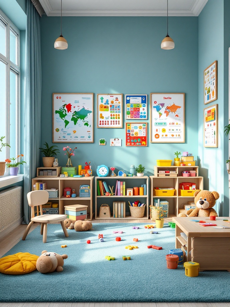 Interactive learning corner with games, puzzles, and colorful posters for cognitive development in daycare.