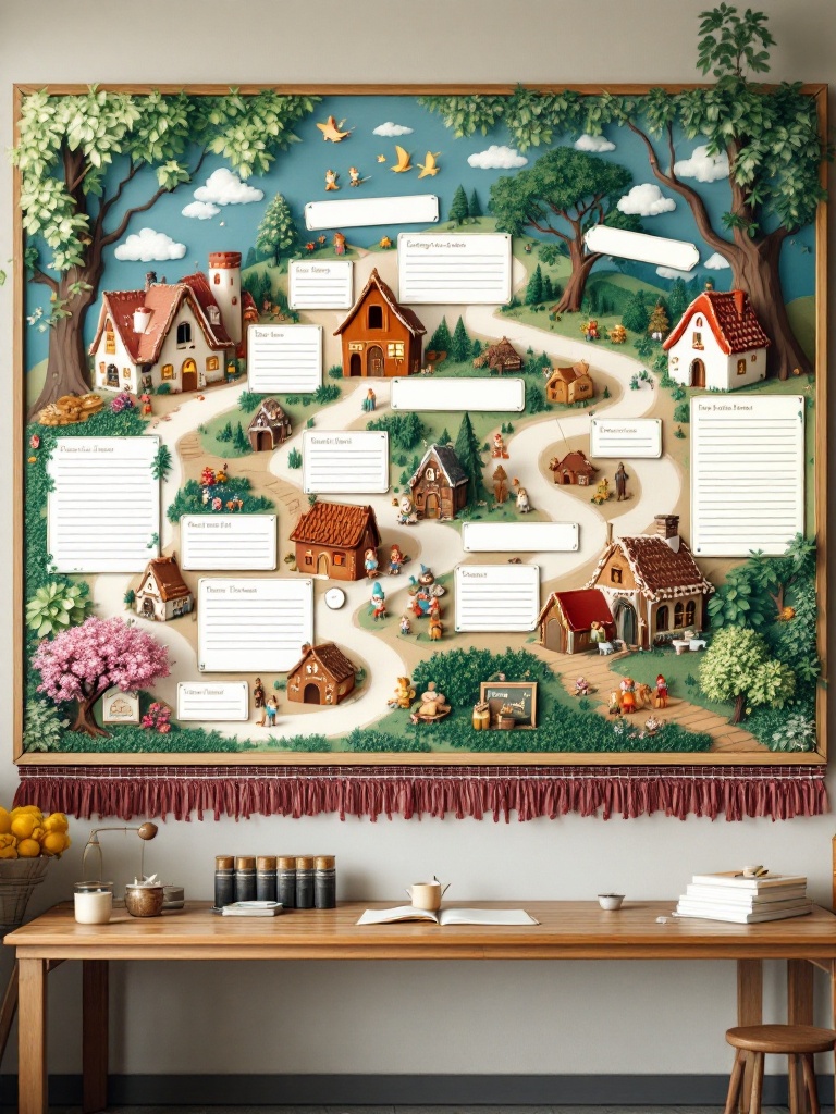 Interactive story map featuring fairy tale settings like a Gingerbread House and Seven Dwarfs' cottage.