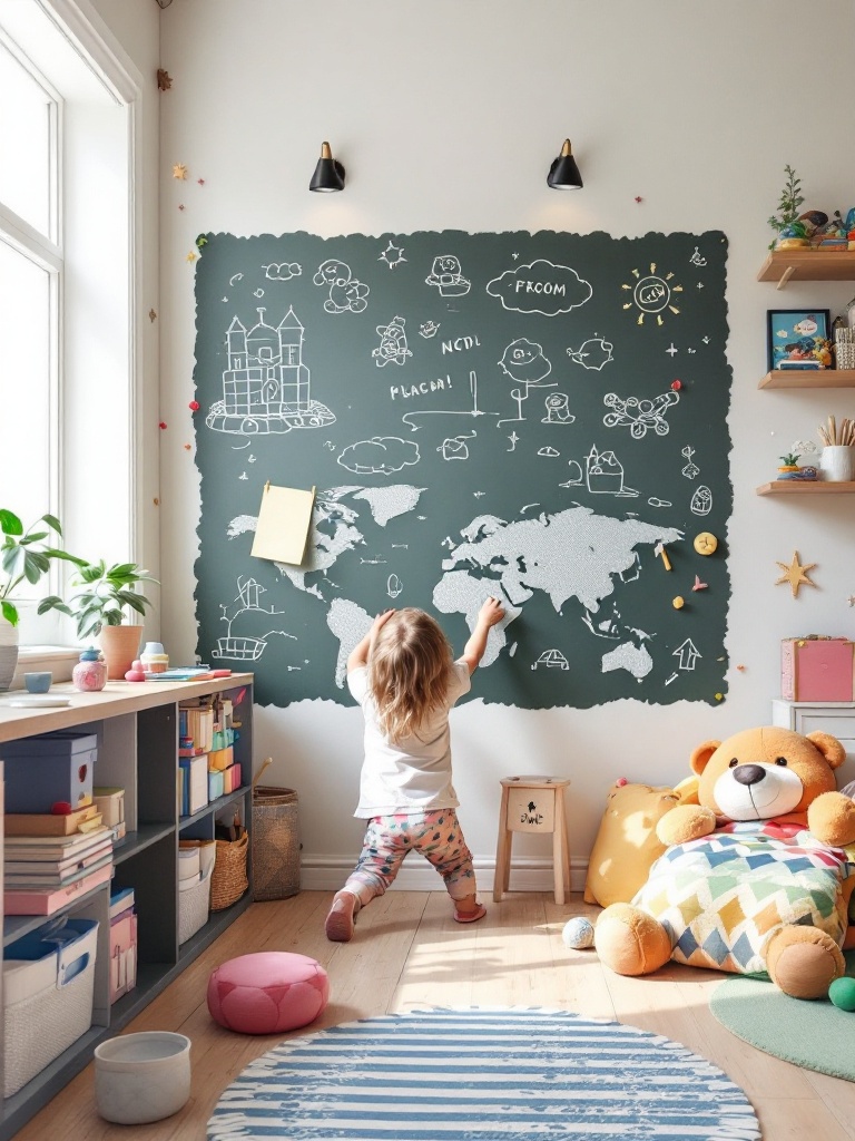 Children interacting with creative wall art like chalkboard walls, magnetic paint, and decals.