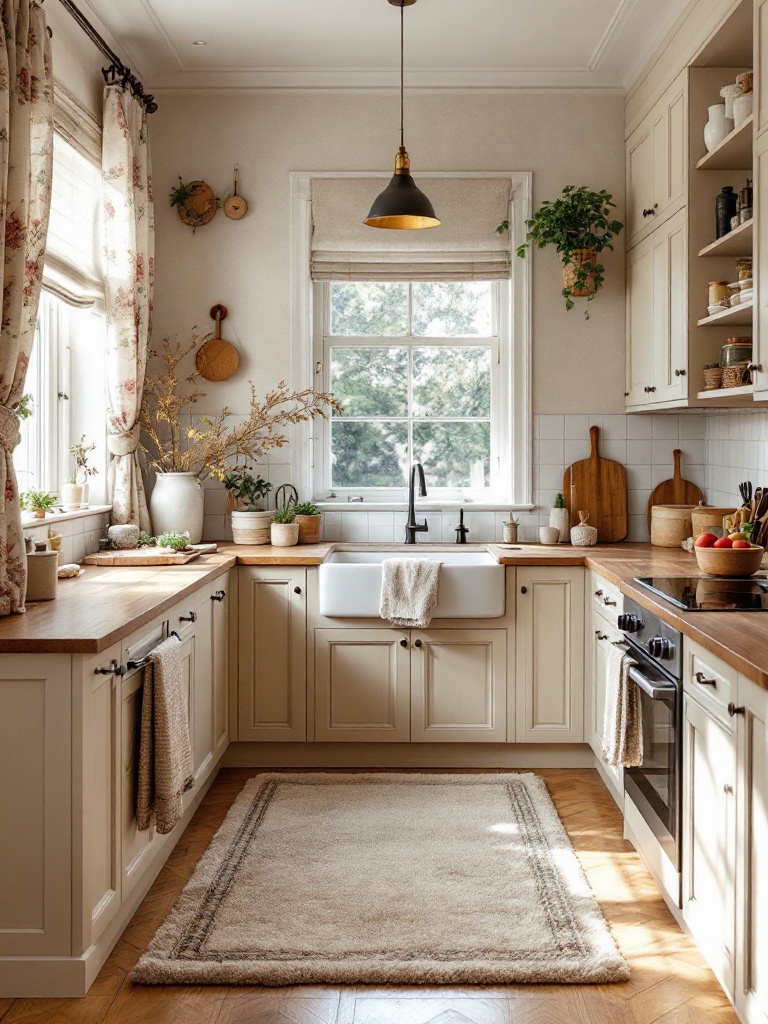 Cozy kitchen with warm-colored textiles, including linens, rugs, curtains, and seat cushions for warmth.