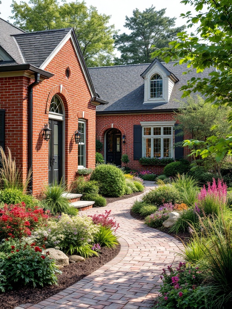 Landscaped garden with low-maintenance shrubs, colorful flowers, and a water feature by a red brick home.
