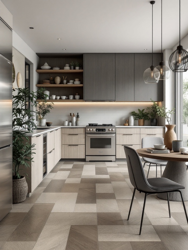 Large format tiles in a modern kitchen showcasing a sleek, seamless design with minimal grout lines.