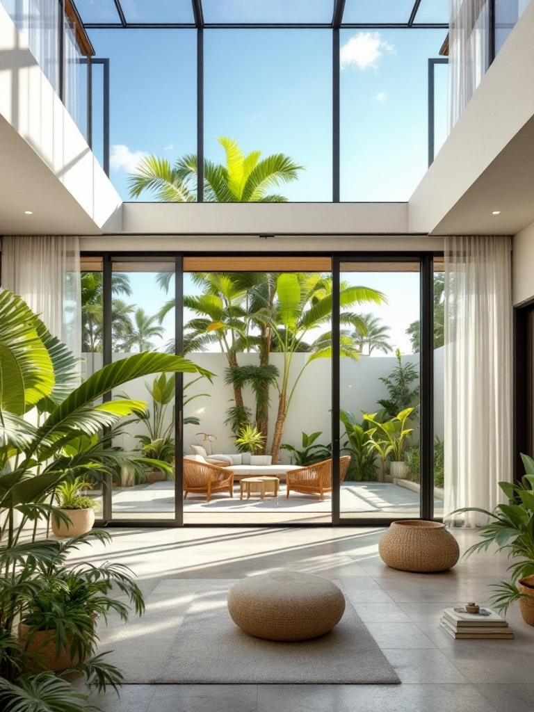 A modern tropical home with large windows, open spaces, and sliding glass doors connecting to a garden.